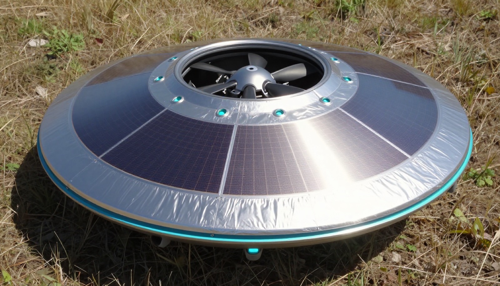 Solar recharge after an emergency landing — the embedded perovskite grid drinks midday sun.