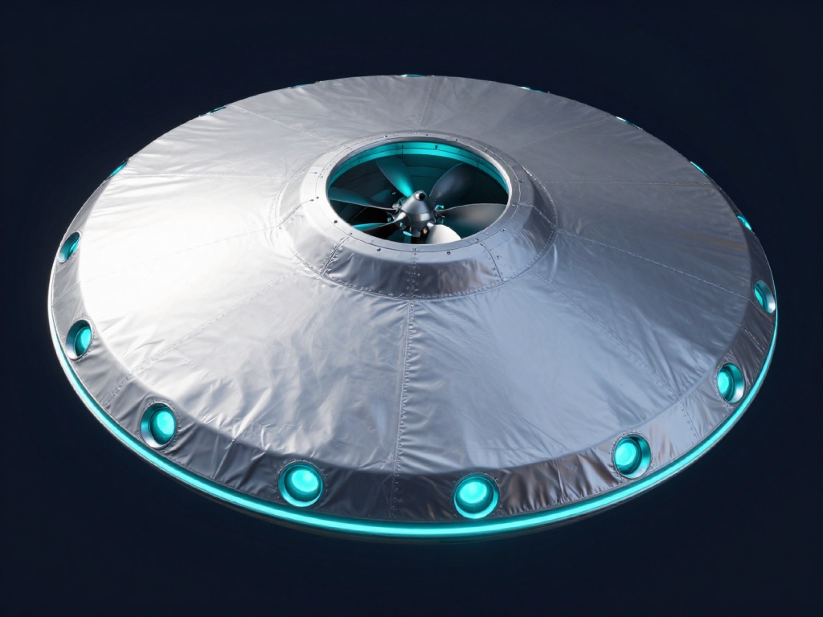 From below: the 12 recessed cyan ports and the duct outlet.